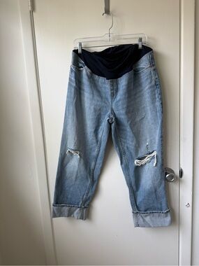 Light Wash Maternity Distressed Jeans with Dark Panel